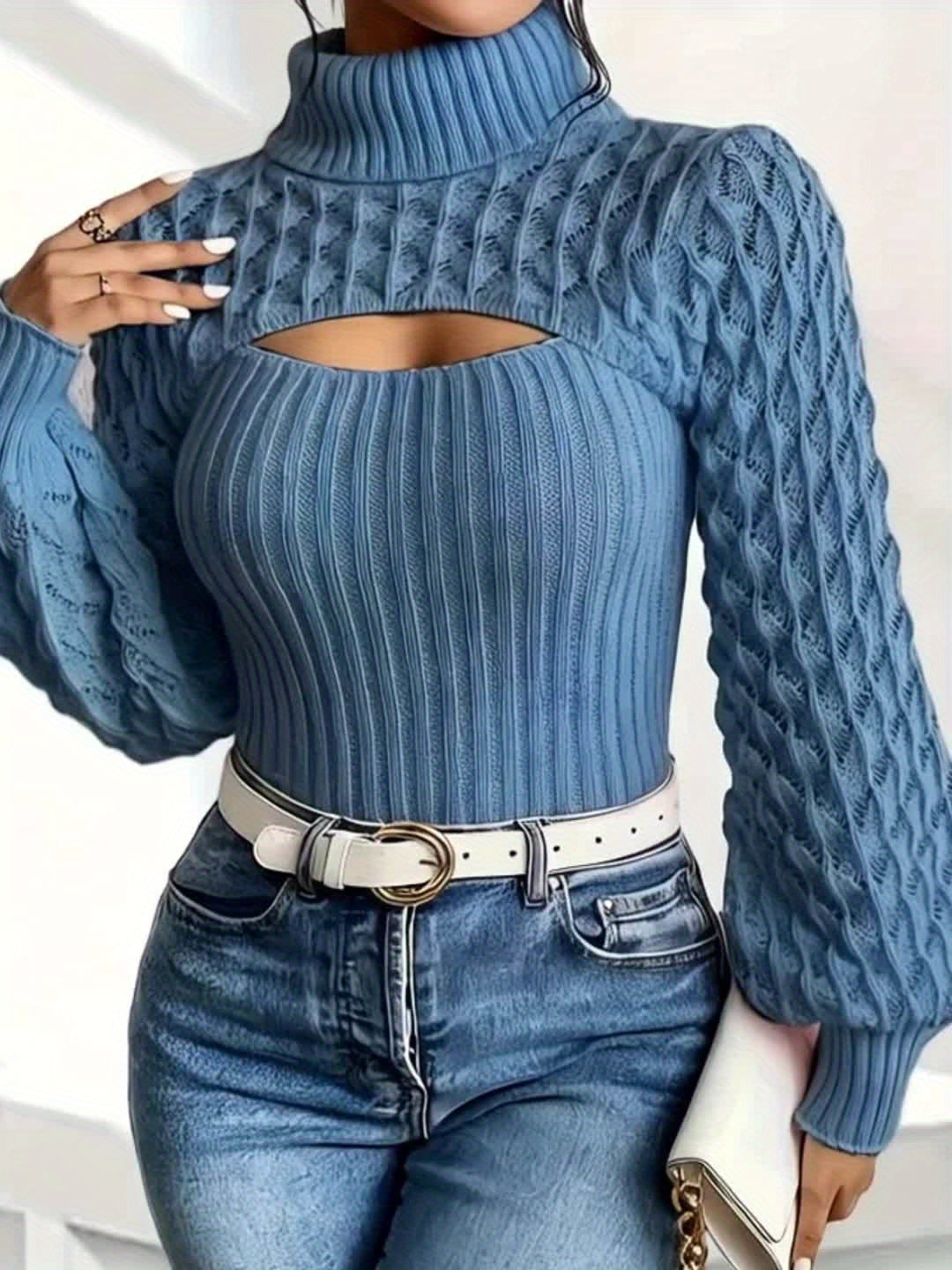 Light Blue High-Neck Lantern Sleeve Top - Pullover Short Sweater