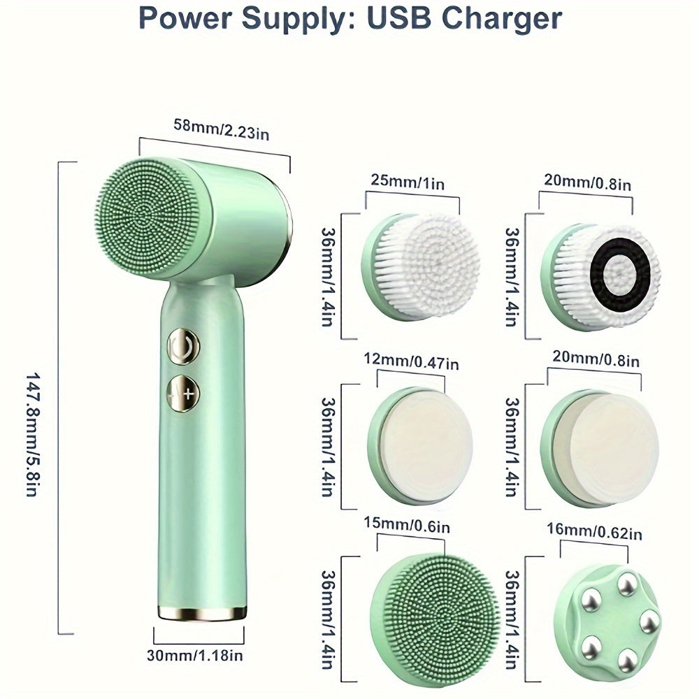 6-in-1 USB Rechargeable Electric Cleansing Brush with 6 Heads