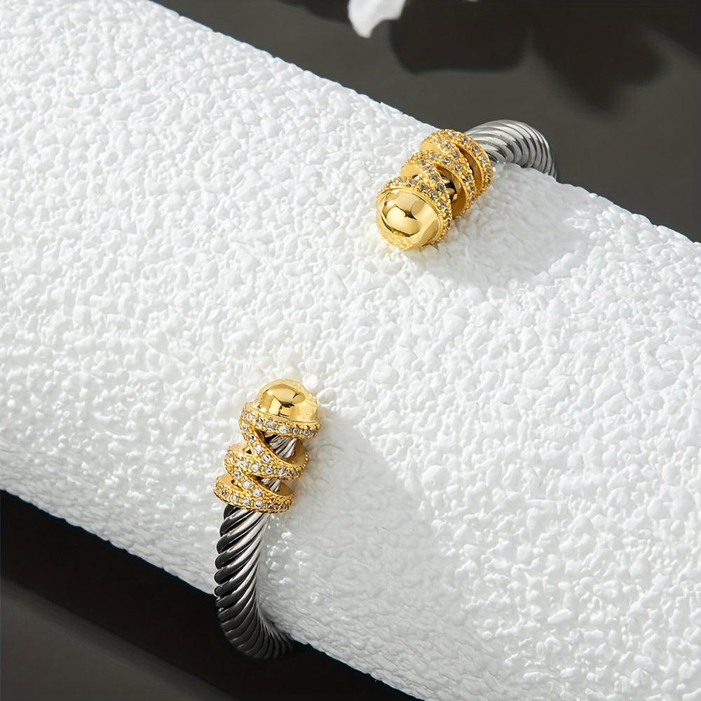 Vintage Stainless Steel Women's Bracelet with Golden Accents and Gemstone Detailing - Retro Twist Open Design for Valentine's Day, Anniversaries, Daily Wear, and Party Gifts, Bracelets for Couples