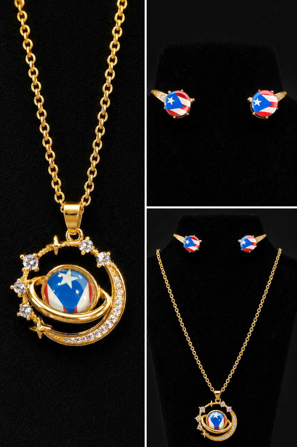 2 Piezas Collar y Aretes de Vidrio con Bandera de Puerto Rico