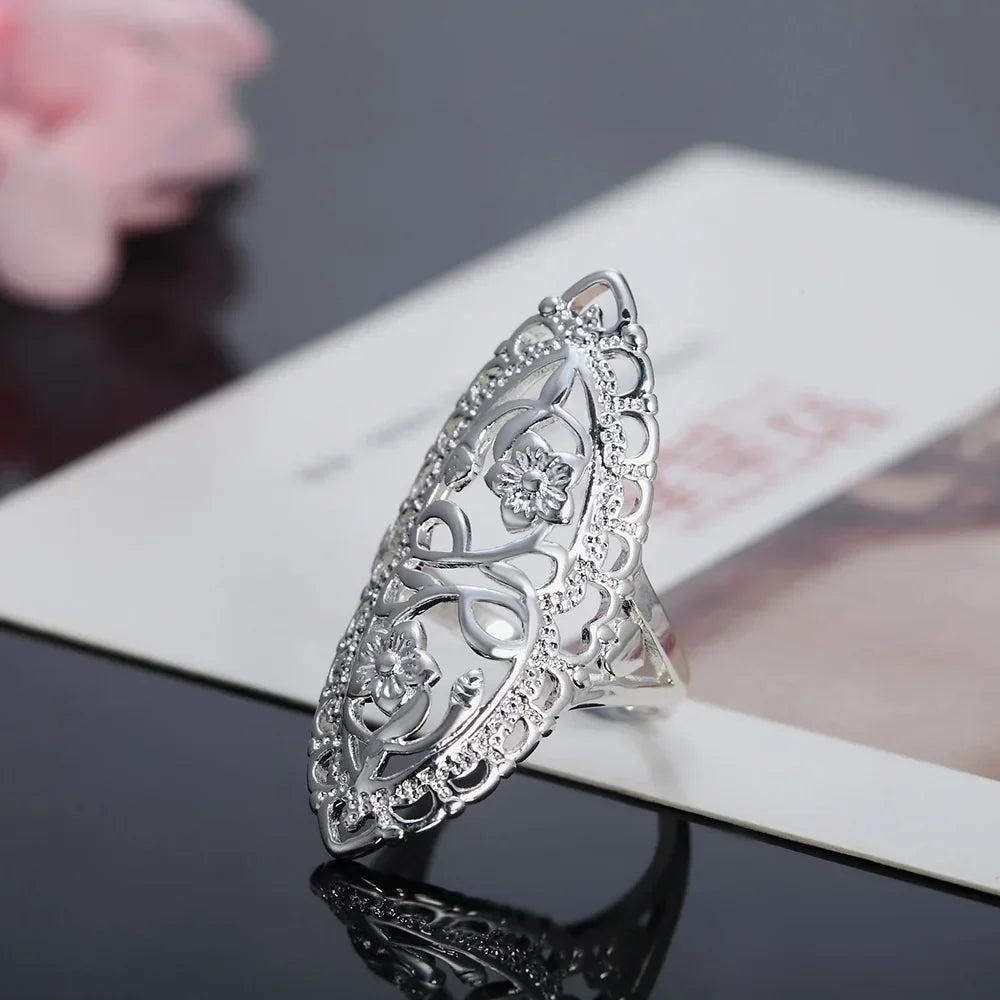 Cute nice 925 Sterling Silver fine Retro Hollow wide flower Rings