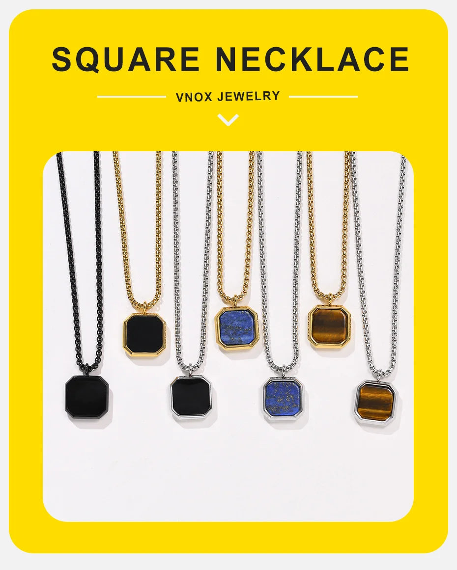 EJ Natural Stone Necklace, Solid Stainless Steel Geometric Polygon Pendant