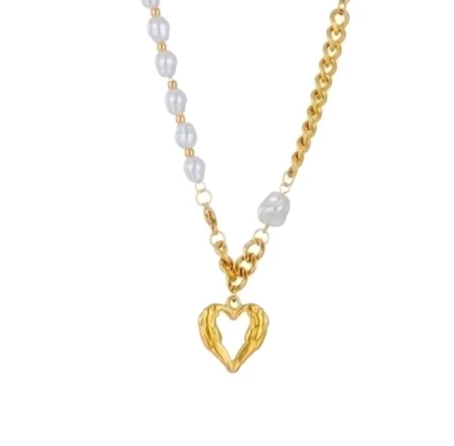 EJ Fashion Simple Hollow Heart-shaped Pearl Gold Necklace