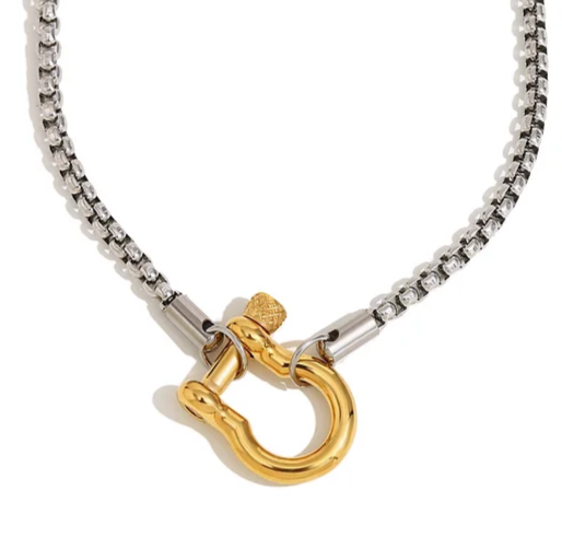EJ Stainless Steel Plated 18k Gold Square Chain Horseshoe Buckle Pendant Necklace