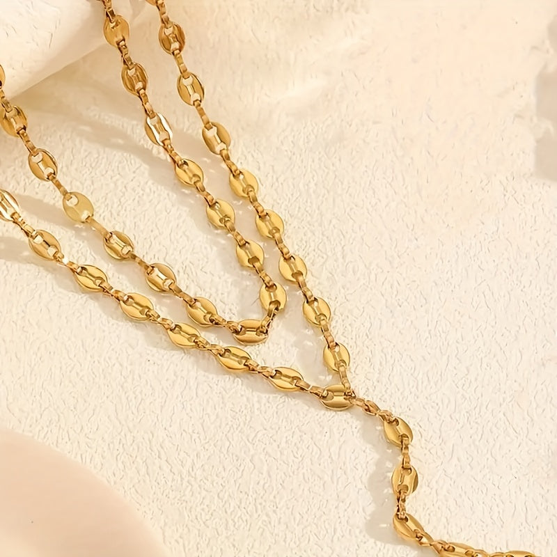 2pcs Luxurious Elegant Fashion Women's Stainless Steel Casual Party Lucky Bean Chain Double-Layer Y Link Necklace, Chunky Necklace, Layered Necklaces for Women, Festive Occasions, Everyday Necklace, Chunky Jewelry, Elegant Ne