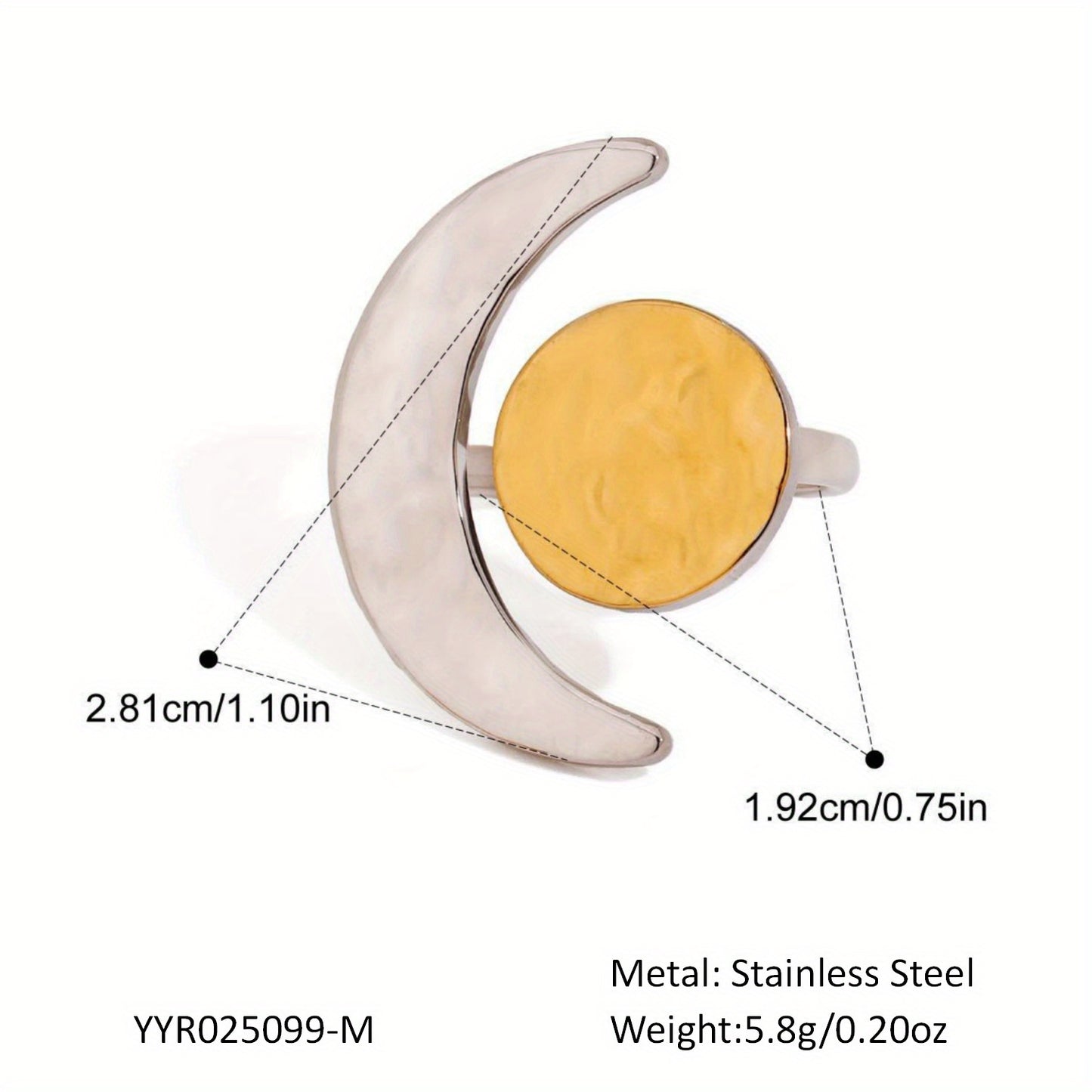 1pc New Style Stainless Steel Moon-Shaped Open Ring, Adjustable Fade-Resistant Jewelry for Women, Suitable for Daily Party Wear.