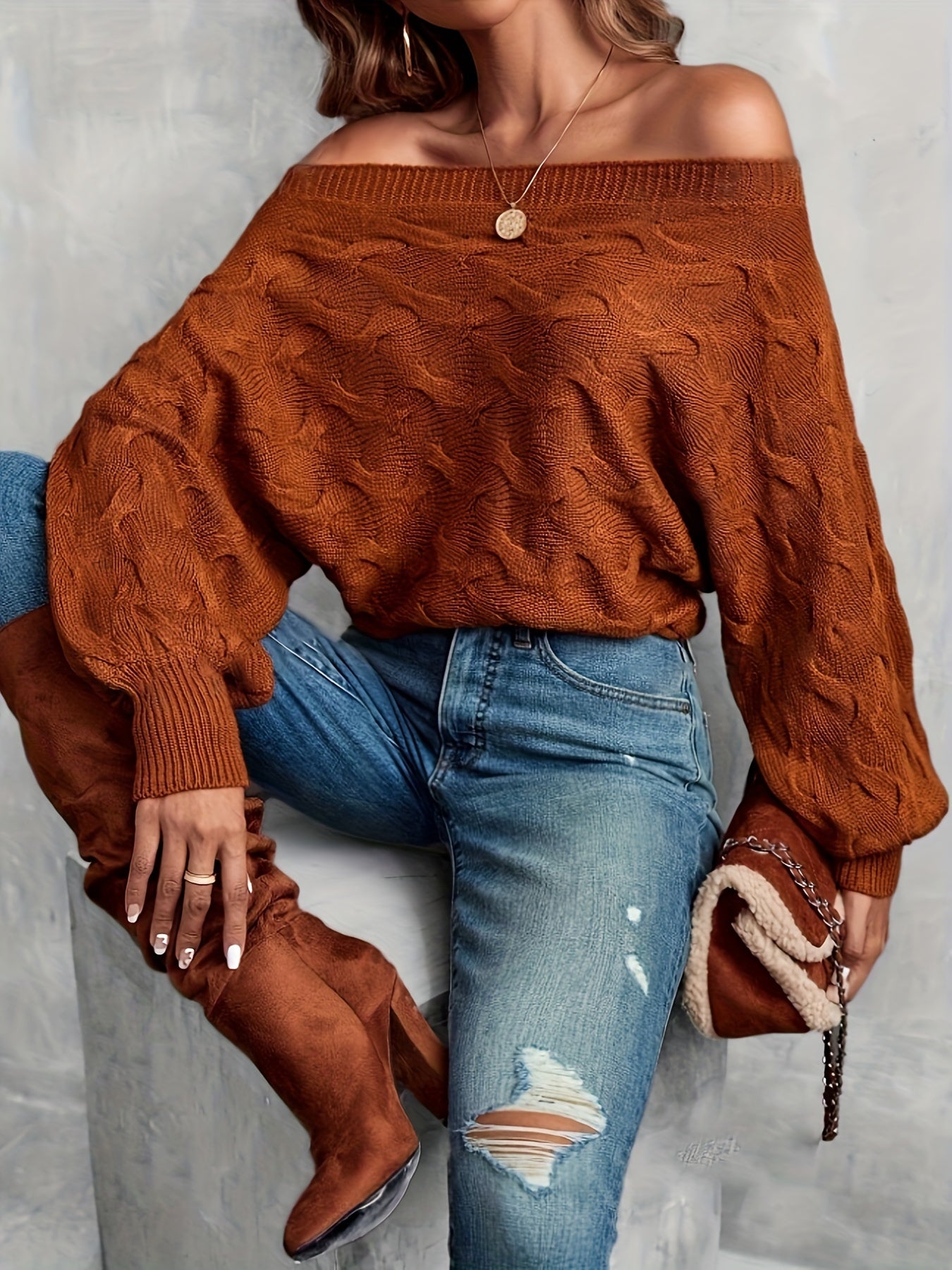 Off-Shoulder Batwing Sleeve Textured Knitwear, Pullover