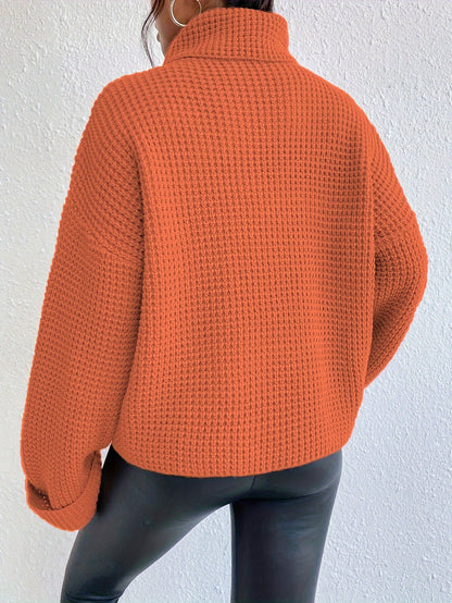 Casual High-Neck Drop Shoulder Waffle Sweater