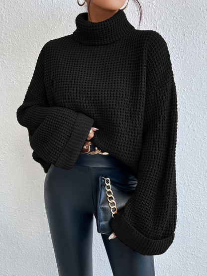 Casual High-Neck Drop Shoulder Waffle Sweater