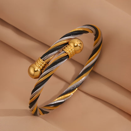 1pc Elegant Stainless Steel Bracelet with Golden-Tone Beads and Black Accents - Versatile Jewelry for Men and Women, Perfect for Daily Wear, Travel, Weddings, and Parties, Party Accessory|Retro Fashion Accessory|Durable Brace