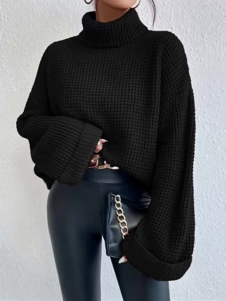 Casual High-Neck Drop Shoulder Waffle Sweater