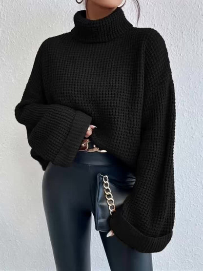Casual High-Neck Drop Shoulder Waffle Sweater