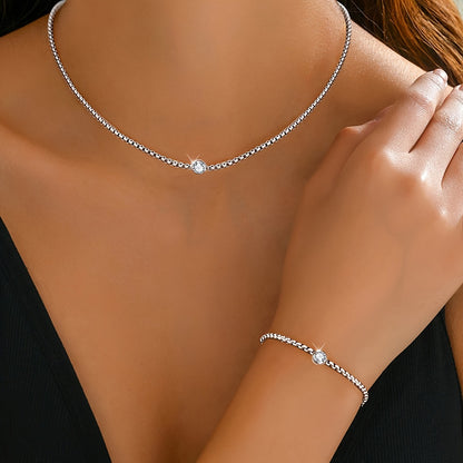 2pcs Stainless Steel Bohemian Style Necklace and Bracelet Set with Synthetic Diamonds, Perfect for Parties, Banquets, Valentine'S Day Gifts, Daily Wear