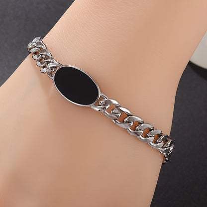 Chain Bracelet with Black Oval Synthetic Stone Pendant - Unisex
