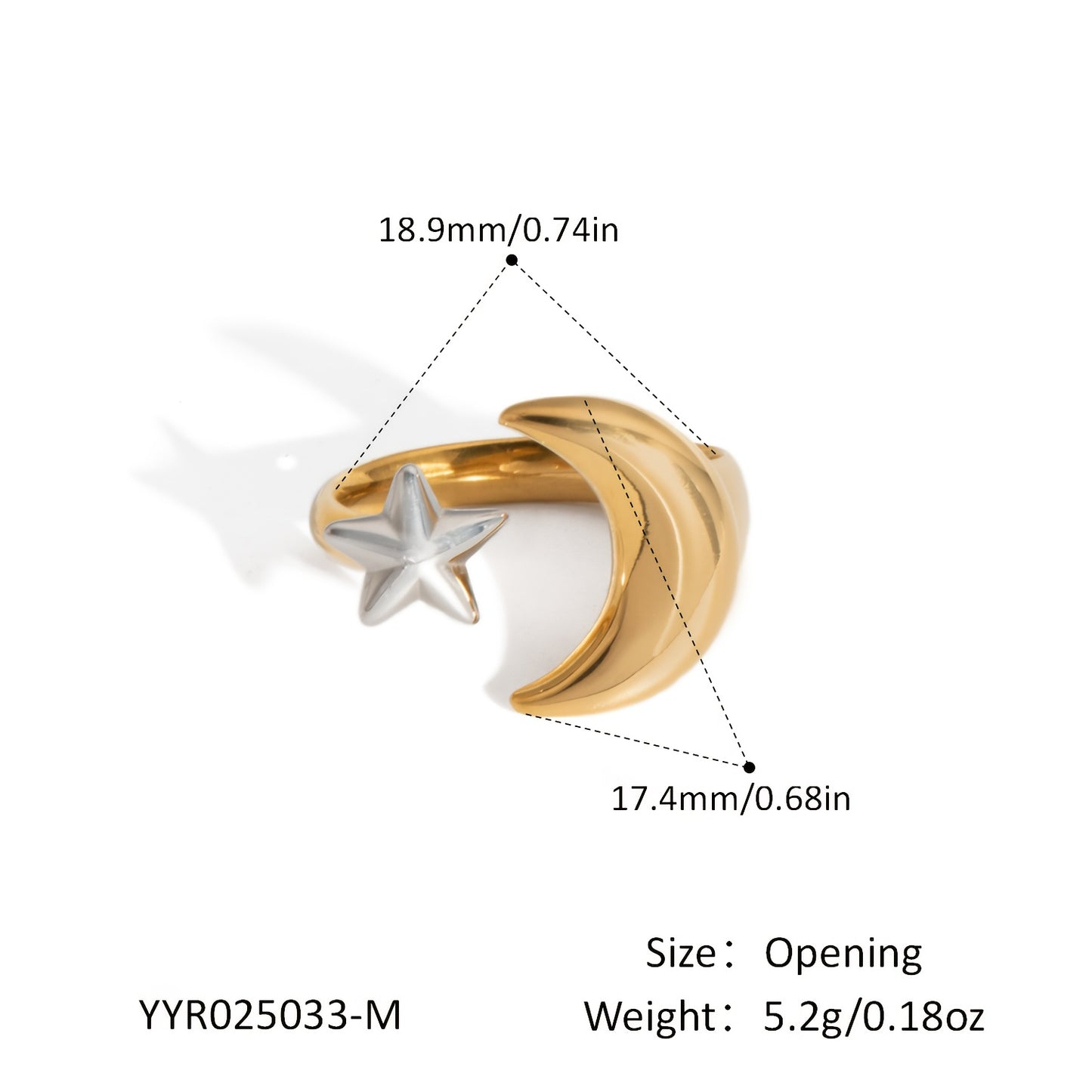 Minimalist Fashion Stainless Steel Geometric Moon and Star Open Ring, Women'S Waterproof Jewelry Gift