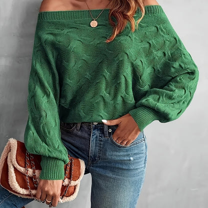 Off-Shoulder Batwing Sleeve Textured Knitwear, Pullover
