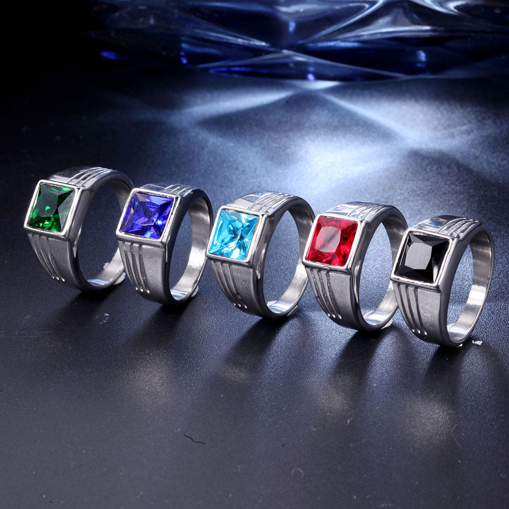 Square Titanium Steel Inlay Glass Stone 18K Gold Plated Men'S Rings