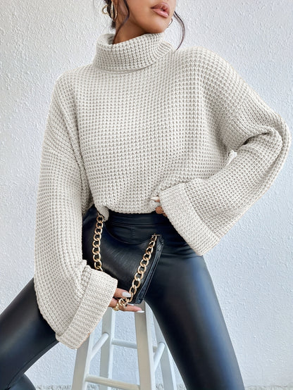 Casual High-Neck Drop Shoulder Waffle Sweater