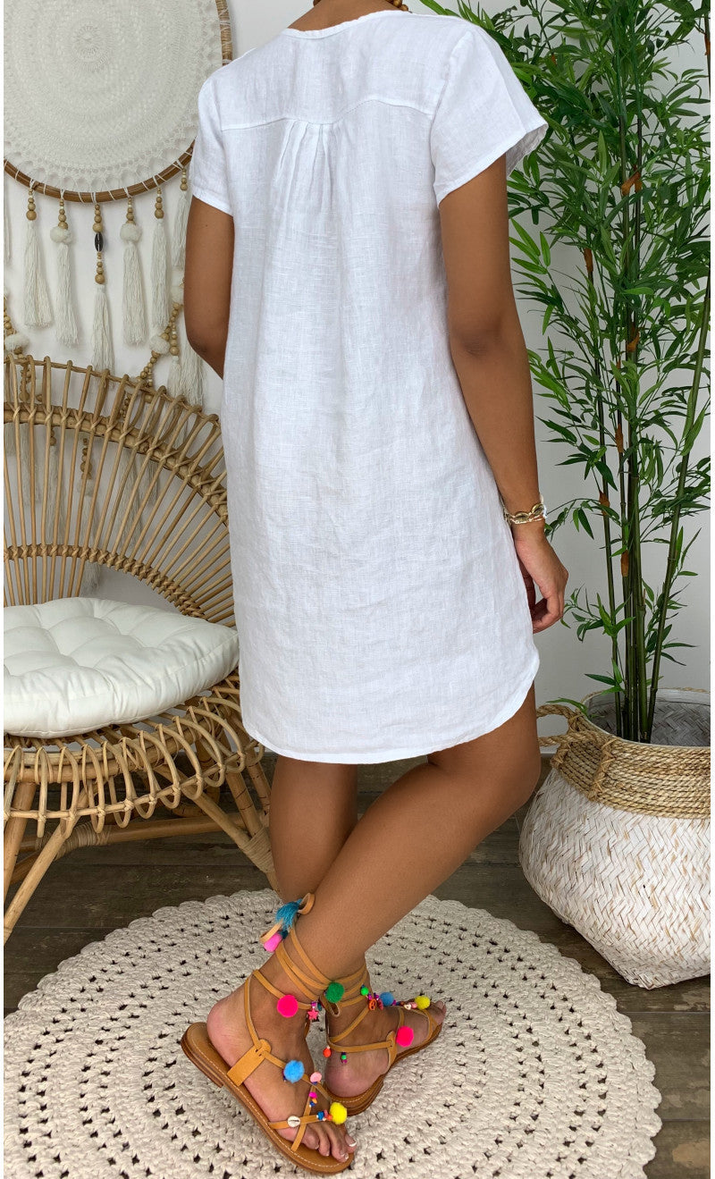 Summer Loose Pure Color Short Sleeve V-Neck Cotton Linen Dress
