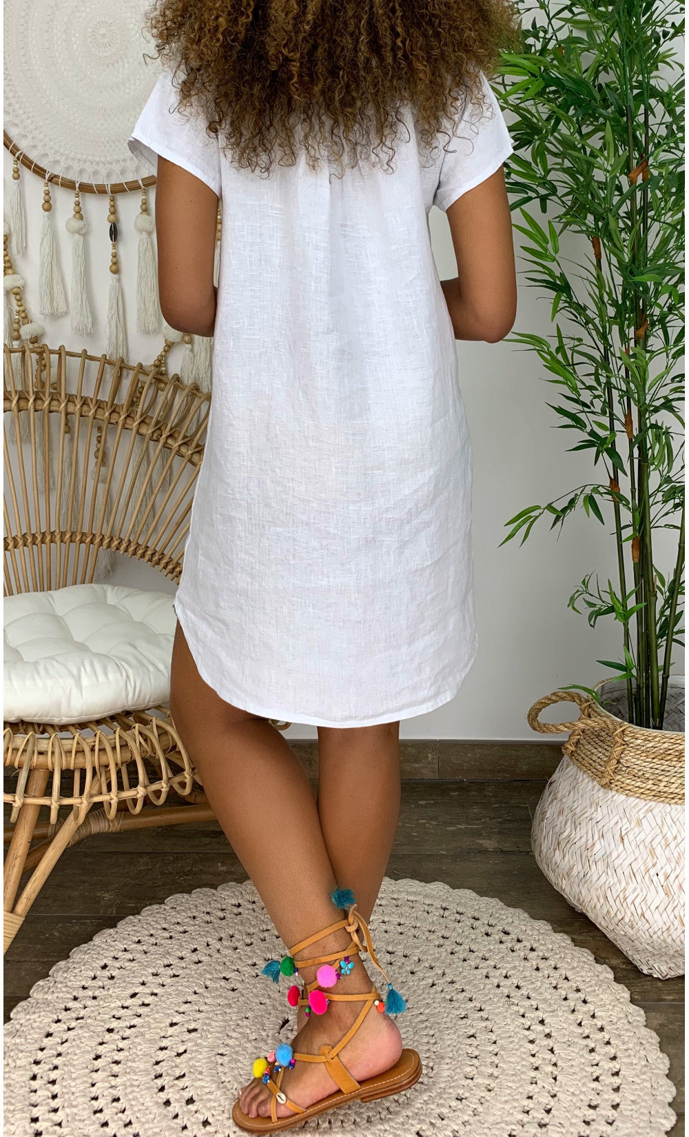 Summer Loose Pure Color Short Sleeve V-Neck Cotton Linen Dress