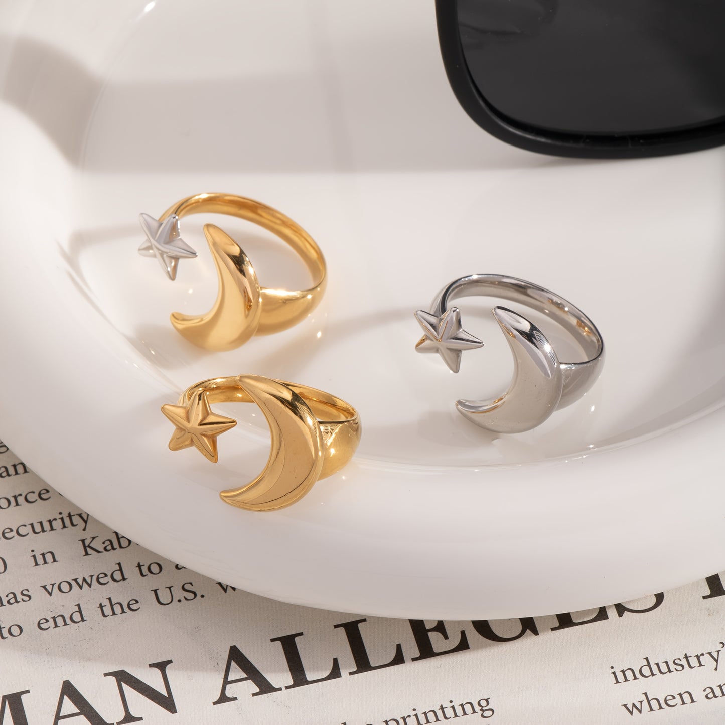 Minimalist Fashion Stainless Steel Geometric Moon and Star Open Ring, Women'S Waterproof Jewelry Gift