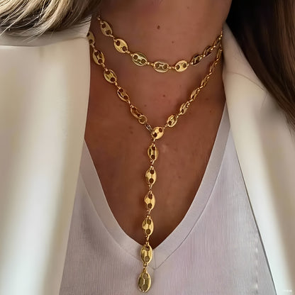 2pcs Luxurious Elegant Fashion Women's Stainless Steel Casual Party Lucky Bean Chain Double-Layer Y Link Necklace, Chunky Necklace, Layered Necklaces for Women, Festive Occasions, Everyday Necklace, Chunky Jewelry, Elegant Ne