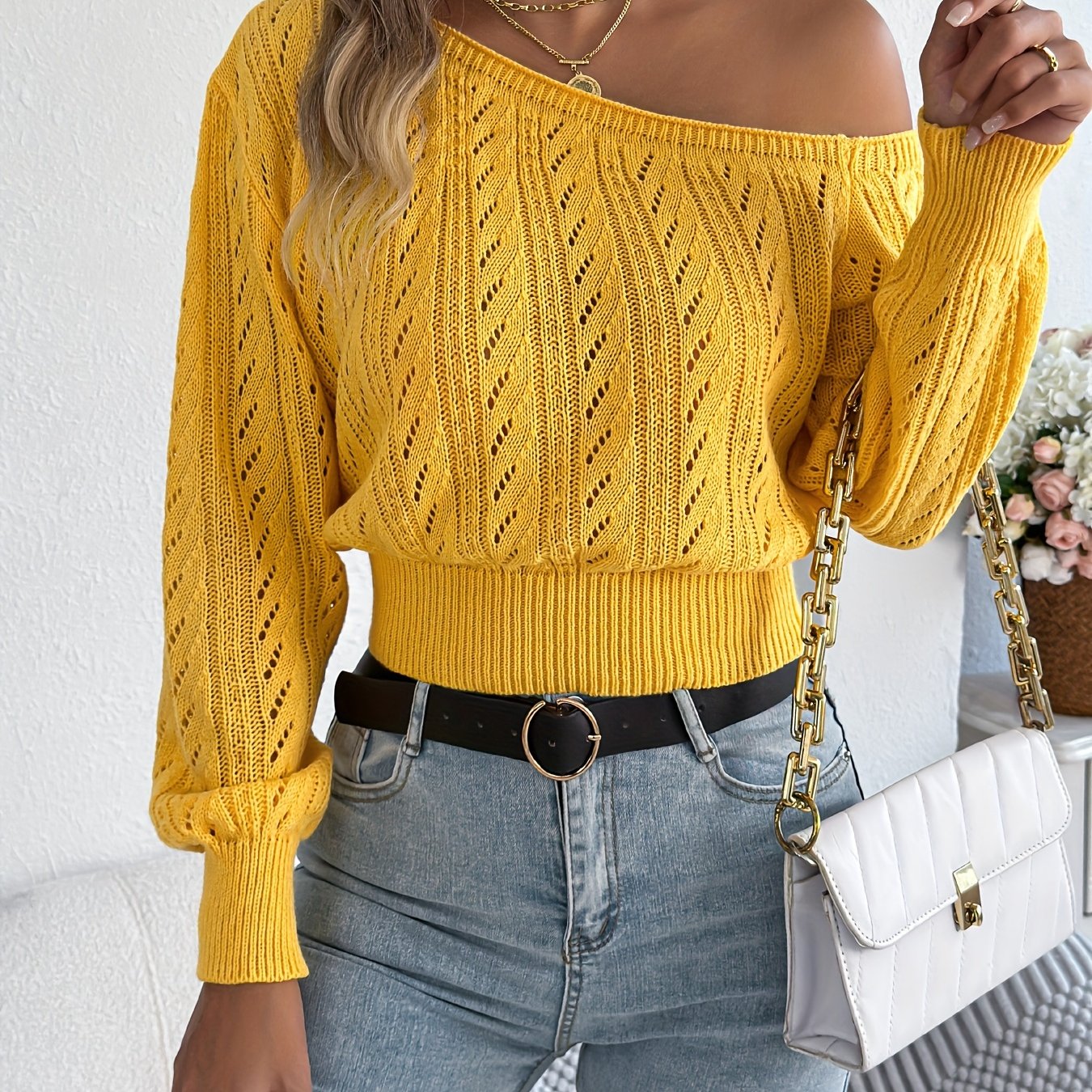 Off-shoulder Long-sleeve Knitted Sweater