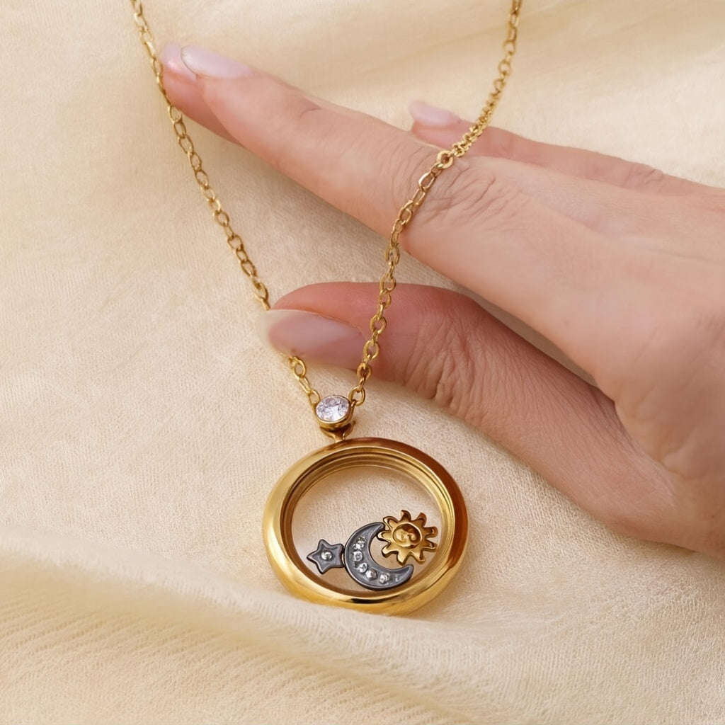 1pc Stainless Steel Vacuum Plated Necklace with Transparent Mirror Double-Layer Rotating Star Moon Sun Design - Vintage Luxury Women'S Pendant for Proposal, Birthday Gift, Anniversary, Valentine'S Day