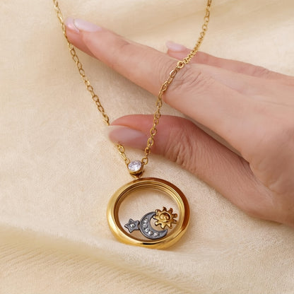 1pc Stainless Steel Vacuum Plated Necklace with Transparent Mirror Double-Layer Rotating Star Moon Sun Design - Vintage Luxury Women'S Pendant for Proposal, Birthday Gift, Anniversary, Valentine'S Day