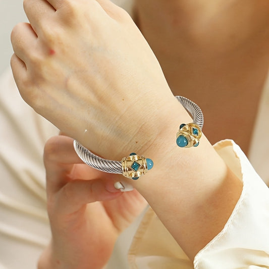 [Vintage Bohemian Bangle] Colorful Vintage Bohemian-Inspired Stainless Steel Bangle Bracelet with Turquoise Stones and Resin Inlays | Ideal for Daily Wear, Vacation, and Holiday Gifts, Everyday Accessory