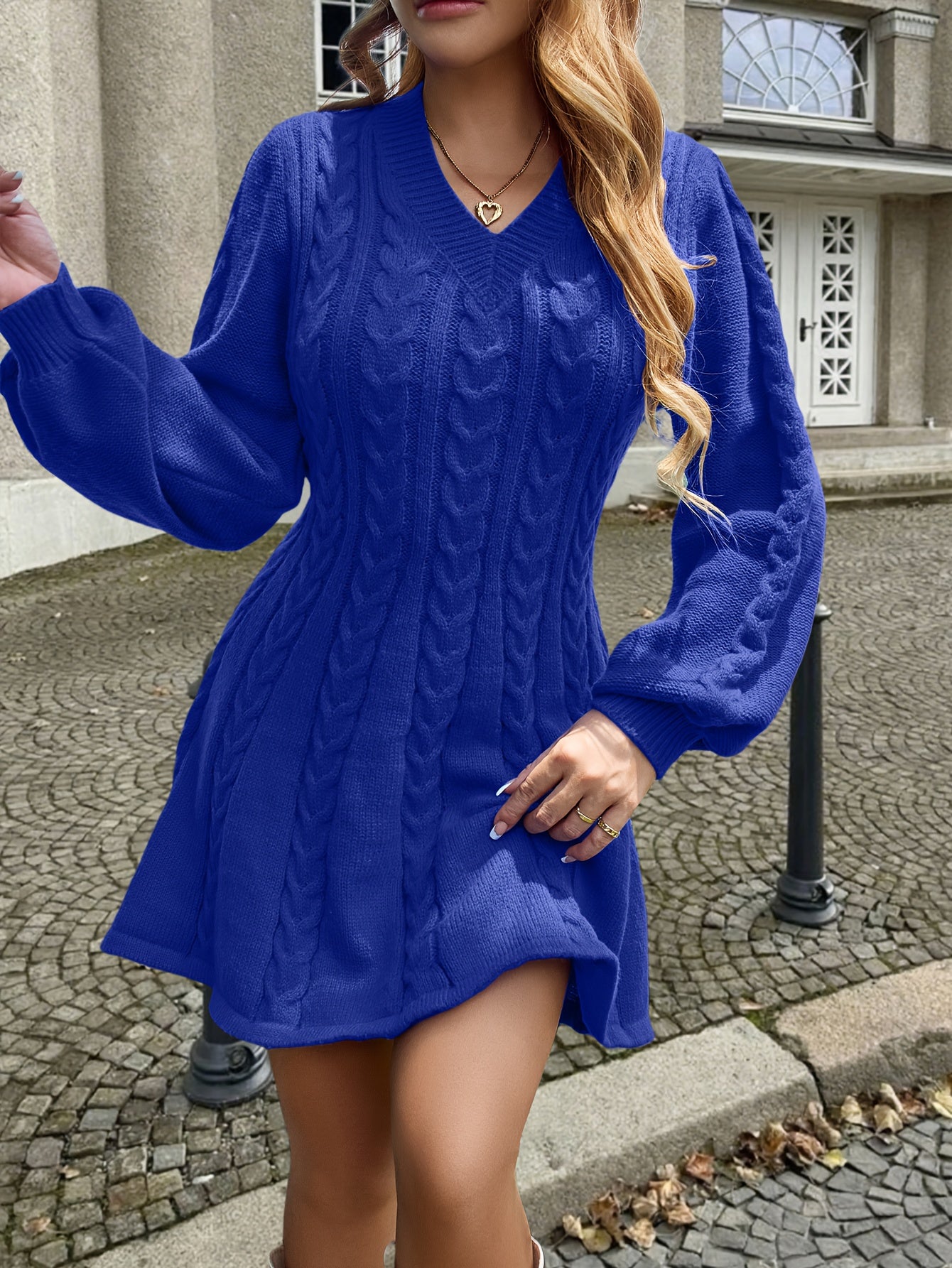 Lantern Sleeve Chunky Sweater Dress