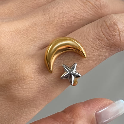 Minimalist Fashion Stainless Steel Geometric Moon and Star Open Ring, Women'S Waterproof Jewelry Gift