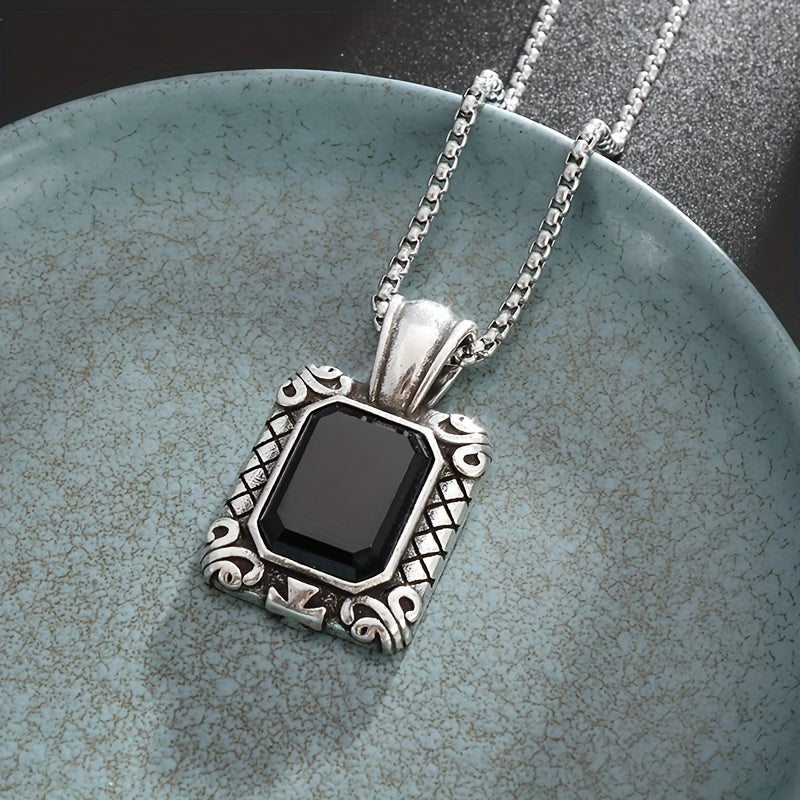 Black Stone Retro Square Pendant Necklace