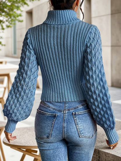 Light Blue High-Neck Lantern Sleeve Top - Pullover Short Sweater