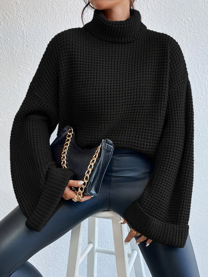 Casual High-Neck Drop Shoulder Waffle Sweater