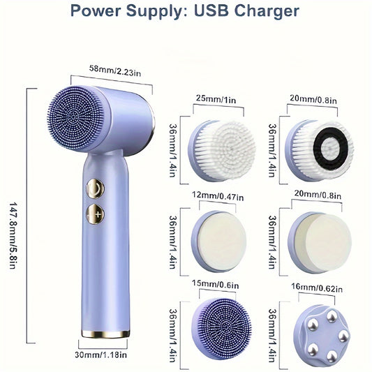 6-in-1 USB Rechargeable Electric Cleansing Brush with 6 Heads