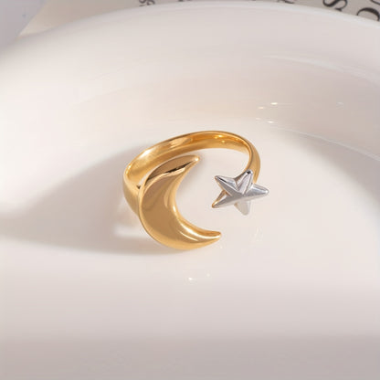 Minimalist Fashion Stainless Steel Geometric Moon and Star Open Ring, Women'S Waterproof Jewelry Gift