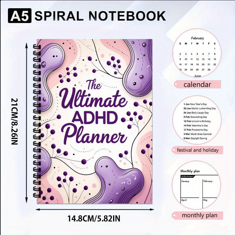 Capibala Ultimate ADHD Planner for Adults | 5.8"x8.1" Weekly & Monthly Organizer with Time Management, Financial Tracking, Self-Care & Mental Health Sections, 50 Sheets (100 Pages) Thick Paper, Minimal
