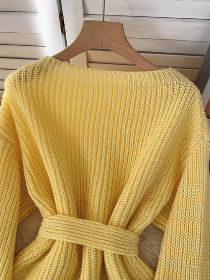 Chic Elegant Knitwear  Mustard Yellow Loose Fit Sweater