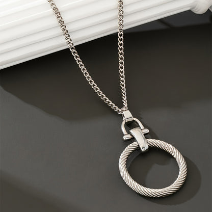 Women's Stainless Steel Twisted Circle Pendant Necklace with Copper Buckle - Bohemian Retro Light Luxury Long Sweater Chain for Daily Wear, Parties & Holiday Gifts (Anniversary Jewelry), Party Accessory, Elegant Jewelry, Styl