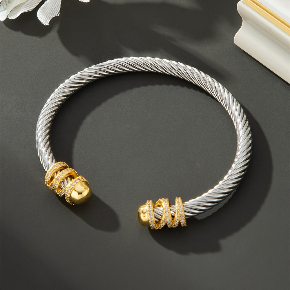 Vintage Stainless Steel Women's Bracelet with Golden Accents and Gemstone Detailing - Retro Twist Open Design for Valentine's Day, Anniversaries, Daily Wear, and Party Gifts, Bracelets for Couples