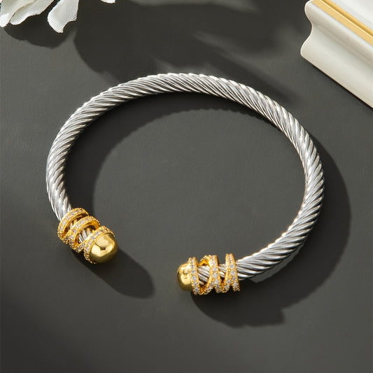 Vintage Stainless Steel Women's Bracelet with Golden Accents and Gemstone Detailing - Retro Twist Open Design for Valentine's Day, Anniversaries, Daily Wear, and Party Gifts, Bracelets for Couples