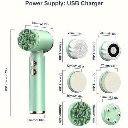 6-in-1 USB Rechargeable Electric Cleansing Brush with 6 Heads