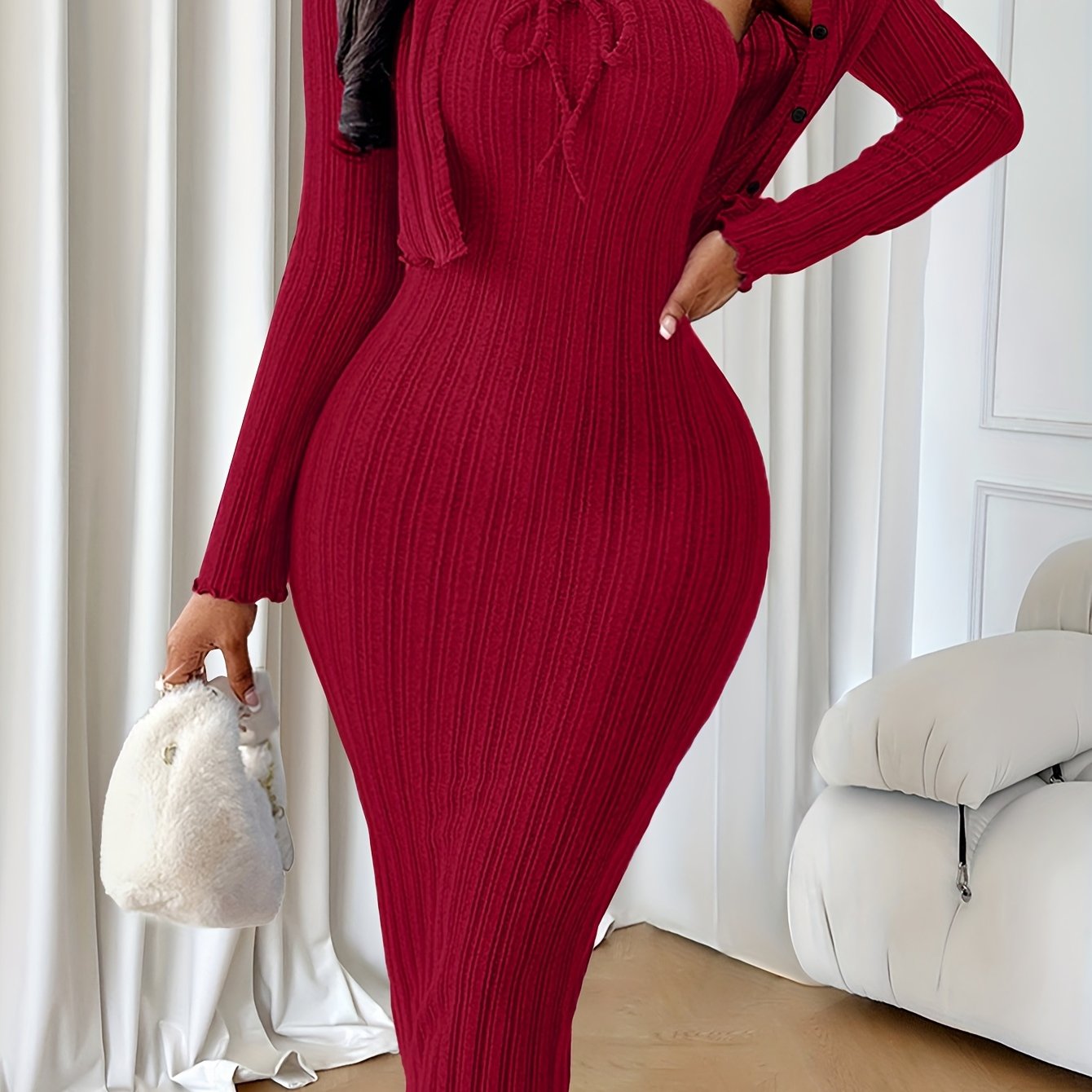 Casual Simple Fashion Textured Solid Color Bow Tie Bodice Dress