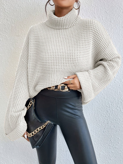 Casual High-Neck Drop Shoulder Waffle Sweater