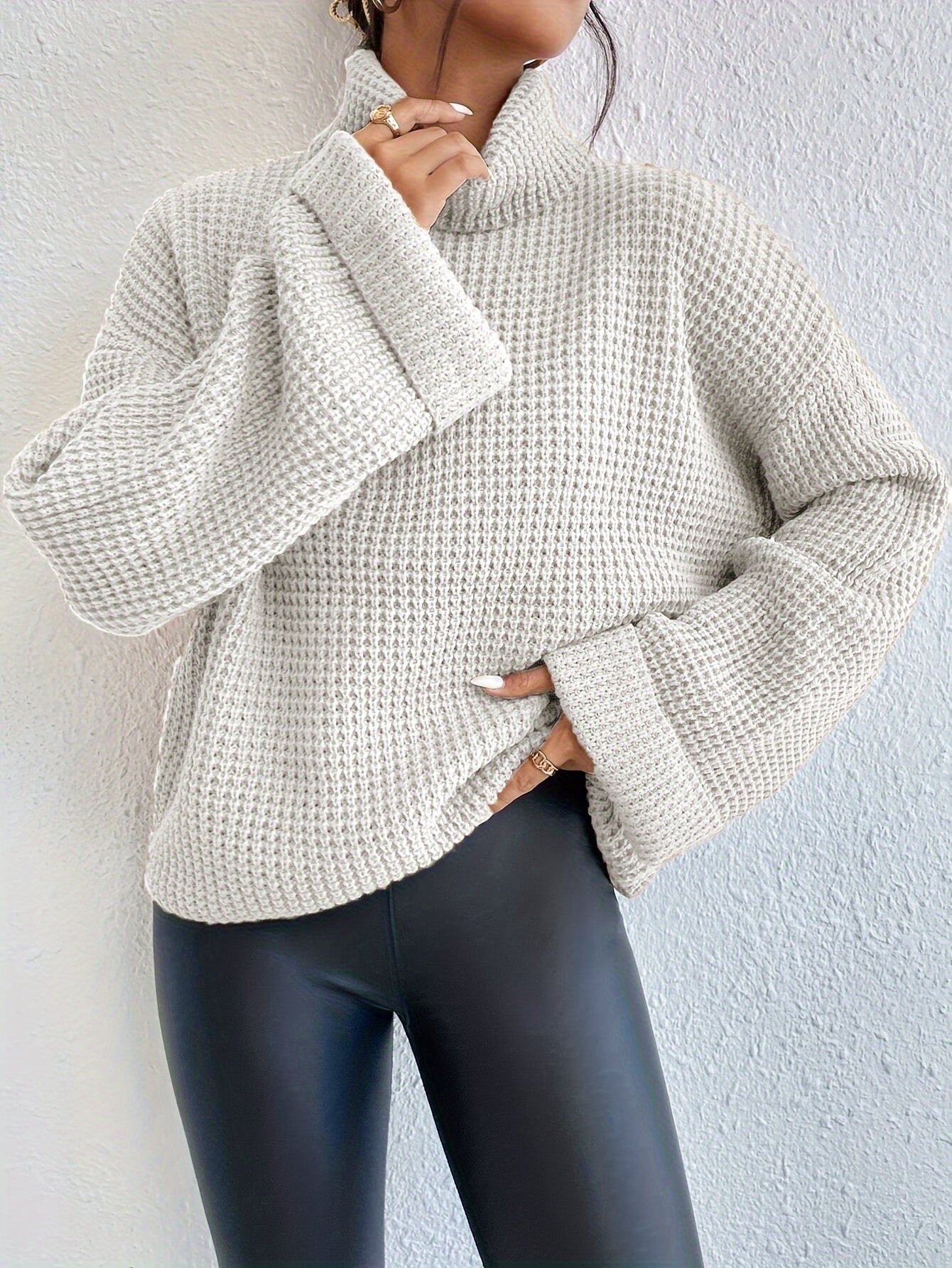 Casual High-Neck Drop Shoulder Waffle Sweater