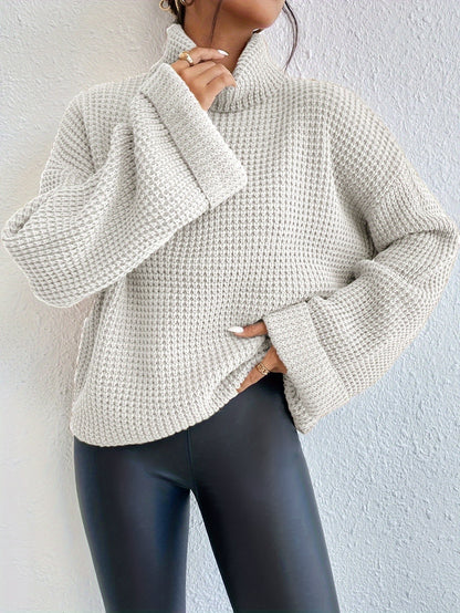 Casual High-Neck Drop Shoulder Waffle Sweater