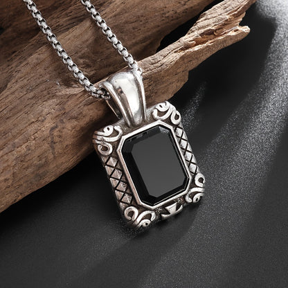 Black Stone Retro Square Pendant Necklace