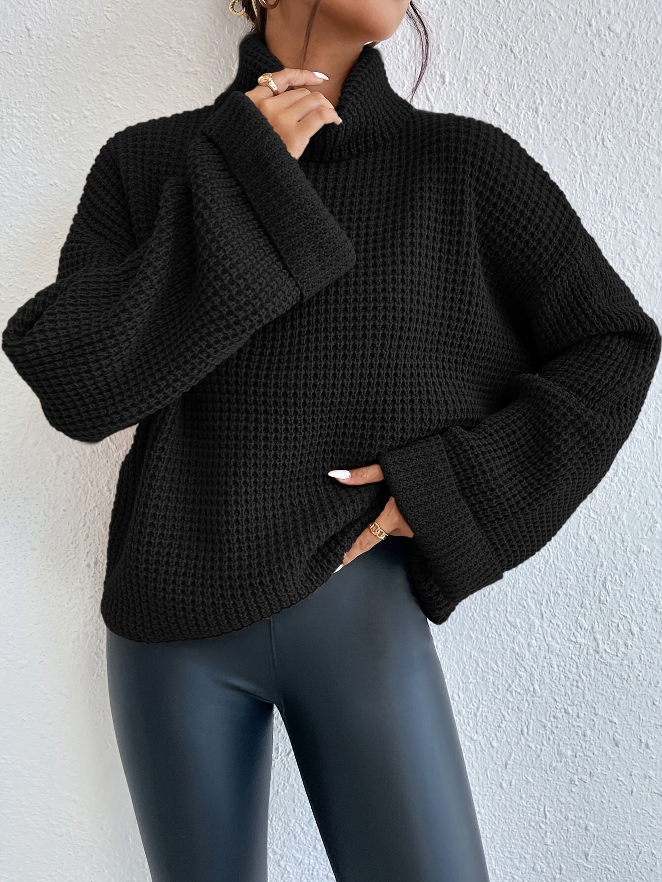 Casual High-Neck Drop Shoulder Waffle Sweater