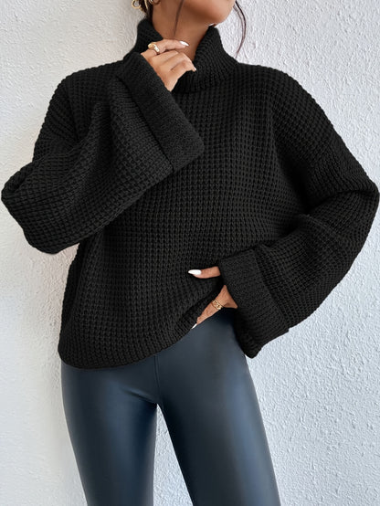 Casual High-Neck Drop Shoulder Waffle Sweater